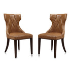 Manhattan Comfort Reine 19.7" Traditional Faux Leather Upholstered Dining Chairs - Saddle and Walnut - Set of 2-Traditional Dining Chair for Dining Room Use. Set of 2