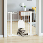 PawHut 30"-41" Extra Wide Pet Gate Barrier with Small Door - 30"H - White-Adult can open the door with a single hand by sliding the button on both end at the same time and lift