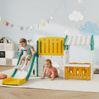 Qaba - Toboggan 7-en-1 pour tout-petits avec maisonnette et panier de basket pour jeu intérieur - jaune-La conception de la glissade lisse offre une descente sûre et palpitante pour les enfants 