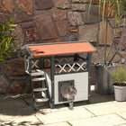 PawHut - Maison pour chat d’extérieur avec toit en asphalte, escaliers, balcon, blanc-Conception surélevée, garde au sec et favorise la circulation de l'air 