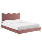 Modway Current Performance Velvet Queen Platform Bed with Gold Metal Legs - Dusty Rose-Wood Slat Support System