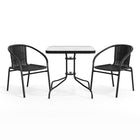 Flash Furniture 28" Square Glass Metal Table with Black Rattan Edging & 2 Black Rattan Stack Chairs-Top Size: 28" Round