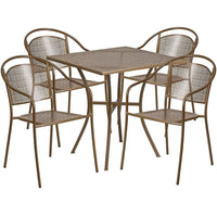Table de jardin carrée de 28 po en acier doré et 4 chaises au dossier rond, intérieur/extérieur [CO-28SQ-03CHR4-GD-GG]-L’ensemble comprend une table et quatre chaises