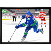 Quinn Hughes Vancouver Canucks Shooting - Framed Canvas - 31" x 22"-Premium canvas print with gallery-wrapped edges