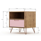 Manhattan Comfort Rockefeller 20.08" Mid-Century Modern 1-Drawer Nightstand 2-Piece Set - Nature/Rose Pink-Includes 1 Open Shelf, and 1 Drawer
