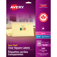 Avery Easy Peel Square Labels - 1-1/2" x 1-1/2" - Clear - 240 Labels-Clear Address Labels