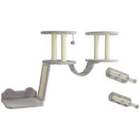 PawHut 3-Piece Cat Wall Shelves with Scratching Post, Perches and Steps - Light Grey-Wall and ceiling-mounted design saves space and enhances play areas 