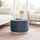 Modway Tilden Large 23" Round Performance Velvet Upholstered Ottoman - Cadet Blue/Natural-Rubberwood Plinth Base
