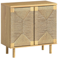 HOMCOM - Buffet boho 31,5 po L avec portes en corde de papier tressée à la main - chêne-Personnalisez votre espace de rangement grâce à une étagère réglable à 3 niveaux pour des objets de toutes tailles 