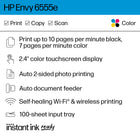 HP - Imprimante tout-en-un Envy 6555e avec 3 mois Instant Ink en Prime-Principales caractéristiques:Impression, copie et numérisation couleur, impression recto verso automatique, chargeur automatique de documents de 35 feuilles et bac d'alimentation de 100 feuilles.