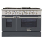 Kucht 48" KNG Series Pro Style Natural Gas Range - Stainless Steel/Cement Grey-Cook and bake like a pro with two separate ovens featuring large oven windows. The main oven is a heavy-duty blue porcelain oven with 4.2-cu-ft of capacity, while the additional side oven has 2.5-cu-ft of capacity