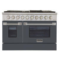 Kucht 48" KNG Series Pro Style Natural Gas Range - Stainless Steel/Cement Grey-Cook and bake like a pro with two separate ovens featuring large oven windows. The main oven is a heavy-duty blue porcelain oven with 4.2-cu-ft of capacity, while the additional side oven has 2.5-cu-ft of capacity