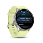 Garmin - Venu 4 – 45 mm, Argent avec bande en silicone Citron-état de santé (nouveau): Vérifiez si vos indicateurs de santé — tels que la fréquence cardiaque au repos, la variabilité de la fréquence cardiaque, la température de la peau et la saturation en oxygène pendant votre sommeil — s'écartent de votre plage habituelle, ce qui pourrait indiquer un stress supplémentaire sur votre corps. Ces changements pourraient être liés aux niveaux d'activité physique, à l'environnement, au stress, à la consommation d