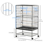 PawHut 52" H Large Metal Bird Cage with Rolling Stand, Storage Shelf and Wood Perch - Dark Grey-Quick clean with the bottom slide-out plastic tray 
