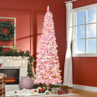 HOMCOM 7.5' Pre-Lit Snow-Flocked Artificial Pencil Christmas Tree with Auto Open - Pink-Pink leaves to create sweet atmosphere 