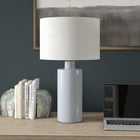 Hudson&Canal - Lampe de table Selina en céramique de 63 cm de haut avec abat-jour en tissu - Bleu fumé/blanc-Une finition fumée artisanale est appliquée sur la base ronde en céramique
