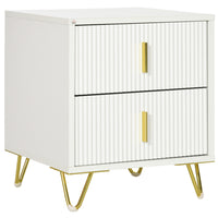 HOMCOM - Table de nuit avec pieds en métal - blanc-Façades de tiroirs cannelées avec un cadre en métal doré qui complète la décoration de votre intérieur 