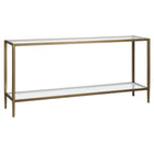 Hudson&Canal - Console Hera 64" de largeur avec étagère en verre - Laiton brossé-Style contemporain moderne pour votre salon, votre entrée ou votre chambre