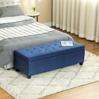 HOMCOM - Banc d’entrée en tissu de lin avec pieds en bois - bleu-Le large dessus s’ouvre pour révéler un espace de rangement supplémentaire   