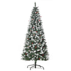 HOMCOM 6' Snow-Flocked Pencil Christmas Tree with Pine Cones and Berries - Green-Decorated with red berries and pine cones for a luxurious look 