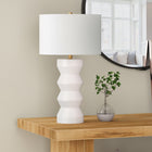 Hudson&Canal Carlin 27" Tall Ceramic Table Lamp with Fabric Shade - Matte White/White-Handcrafted matte white finish is applied to the round ceramic base