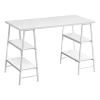 Monarch Specialties 7521 48" Computer Desk - White/White Metal-Industrial-style computer desk with 4 fixed, open shelves supported by sawhorse-style legs in a white metal finish