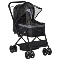 PawHut 4-Wheel Pet Stroller with Reversible Handle and Brake - Black-Solid construction with steel frame and Oxford cloth for long-lasting use 