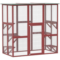 PawHut 71" L Outdoor Catio Cat Enclosure with Asphalt Roof and Jumping Platforms - Wine Red-Fully enclosed wooden cat outdoor enclosure can house multiple animals 