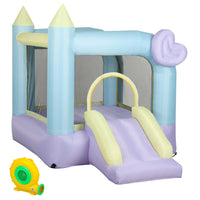 Qaba Inflatable Bounce House with 370W Blower and Slide - 98" L x 65" W x 79" H - Multicoloured-Spacious jumping area allows two kids to play together . 