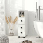 Kleankin Slim Mobile Bathroom Storage Cabinet on Wheels - White-Features a small drawer, a cabinet and two open compartments  