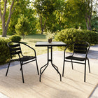 Flash Furniture 23.5" Square Glass Metal Table with 2 Black Metal Aluminum Slat Stack Chairs-Designed for Indoor and Outdoor Use