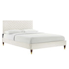 Modway Leah - Lit plateforme Queen en velours haute performance à motif chevrons avec pieds en bois et manchons en métal doré - Blanc-Poutre centrale renforcée