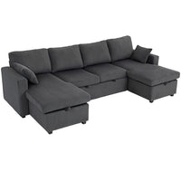 HOMCOM U-Shaped Corduroy Sleeper Sofa Bed with Storage Chaise - Charcoal Grey-Easily converts into a bed, offering flexible space for overnight guests