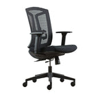 Fauteuil Heartwood ECO-MB série Jupiter avec dossier moyen en mailles écho et siège en tissu, noir-Dossier en maille noire avec coussin d'assise en tissu noir assorti