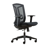 Fauteuil Heartwood ECO-MB série Jupiter avec dossier moyen en mailles écho et siège en tissu, noir-Dossier en maille noire avec coussin d'assise en tissu noir assorti
