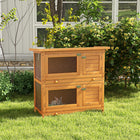PawHut 2-Tier Wooden Rabbit Hutch with 2 Rooms - Yellow-Easy to clean due to the pull-out tray 