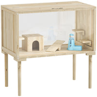 PawHut - Cage en Bois pour Hamster - 28 po L - Bois Naturel-Le design spacieux agrandit l’espace de vie du hamster pour plus de confort