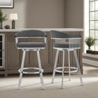 Armen Living Chelsea 29" Bar Height Swivel Bar Stool in Grey Faux Leather & Brushed Stainless Steel-Whether you have a kitchen island, a bar table, pub table, or peninsula - we've got you covered with any height you desire. Our Chelsea stools have a standard seat height of 29-inch for the bar height option, and our counter height stools have a 25-inch seat height.