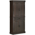 HOMCOM 71" H Freestanding Kitchen Pantry Cabinet with 4 Doors and Compartment - Distressed Coffee-Raised door panels, wood grain veneer, and antique metal handles bring colonial style to your home 