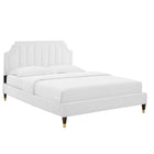 Modway Sienna Performance Velvet Queen Platform Bed with Wood Legs and Gold Metal Sleeves - White-Reinforced Center Beam and Support Legs