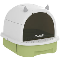 PawHut Enclosed Cat Litter Box with Lid and Scoop - Green-Enclosed design with a translucent hinged door ensuring privacy and odor control