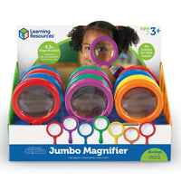 Learning Resources Primary Science Jumbo Magnifiers - Assorted Colours-Flip-out stands on each magnifier allow for engaged, hands-free viewing in 4.5x magnification.