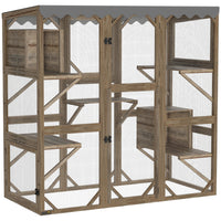 PawHut - Enclos extérieur pour chat Catio, maison pour chat en bois avec fenêtre, brun-Quatre portes améliorent l'accessibilité et les possibilités d'extension 