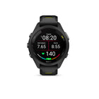 Garmin - Forerunner 265S, lunette et boîtier noirs avec bracelet en silicone noir/jaune ampere-Le GNSS multibande avec la technologie SatIQ offre une precision de positionnement superieure dans des environnements difficiles tout en optimisant la duree de vie de la batterie de l'appareil