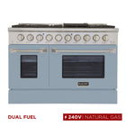 Kucht 48" KDF Series Pro Style Natural Gas Dual Fuel Range - Stainless Steel/Light Blue-Professional class range features 2-20000 BTU dual burners with simmer, 2-12000 BTU burners, 2-9000 BTU burners and 2-6000 BTU burners