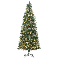 HOMCOM 7.5' Pre-Lit Snow-Flocked Skinny Artificial Christmas Tree - Green-This tree stands 7.5ft tall and is adorned with pinecones, giving it a natural and healthy appearance 