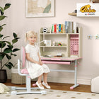 Qaba Height Adjustable Children Study Table and Chair Set with Tiltable Desktop, Drawer and Shelves - Pink-Tilting desktop (0-45°) helps maintain healthy posture for reading or drawing 