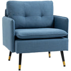 HOMCOM - Fauteuil d’appoint moderne avec large assise - pieds en acier - capitonné à boutons pour chambre - bleu-Style moderne avec dossier capitonné complété par des pieds noirs et dorés 
