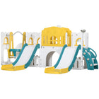 Qaba 8-in-1 Baby Slide and Swing Set with Basketball Hoop, Climber and Steering Wheel - Yellow-Our 8-in-1 design includes 2 slides, a climber, a swing, a spacious aisle, a storage area, a telescope, a crawl-through tunnel, and a basketball hoop 