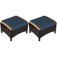 Outsunny Wicker Outdoor Ottoman with Removable Cushions - Navy Blue-Set of two, versatile use as seats, footstools or side tables